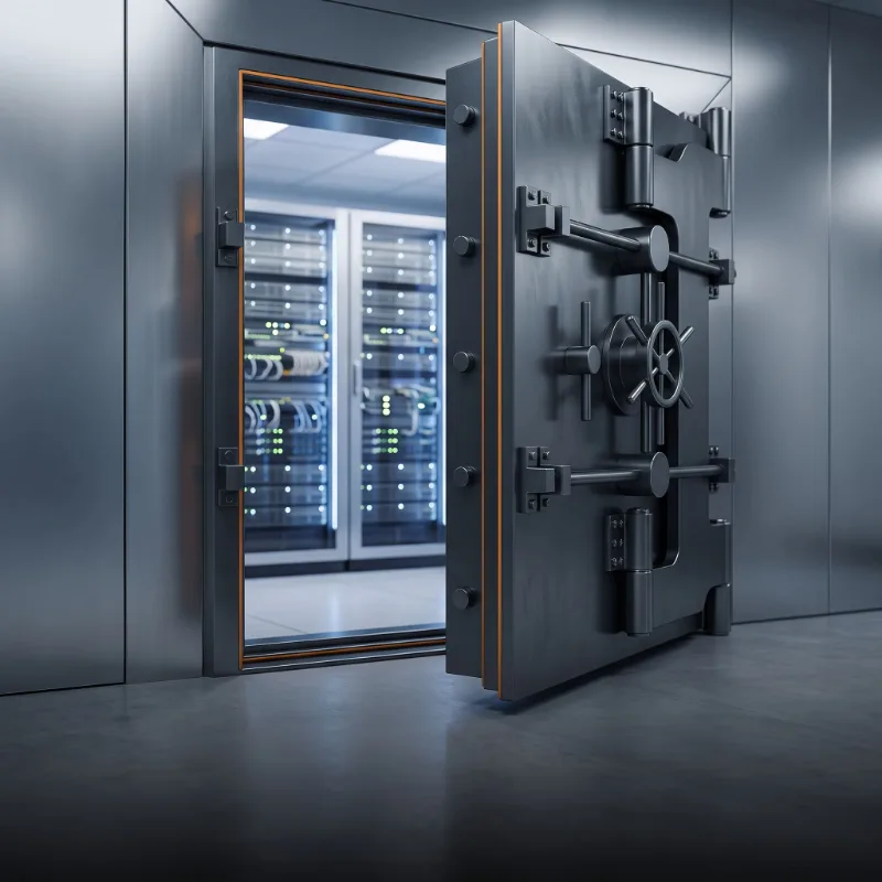 Cofre aberto com servidores ao fundo, representando o backup imutável