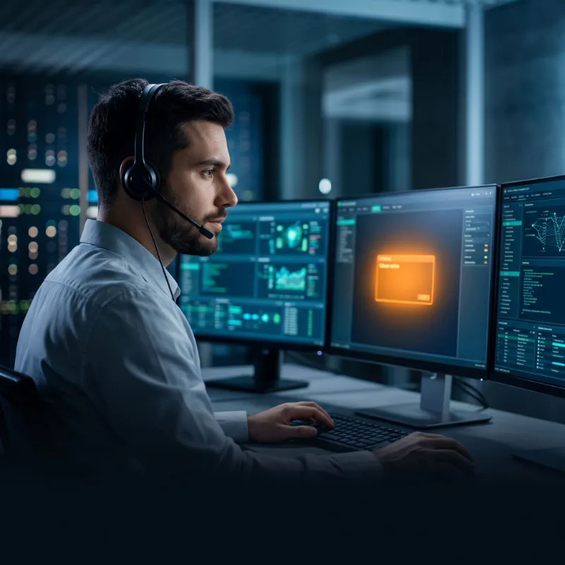 Técnico do NOC da DATACOR monitorando os ambientes dos clientes