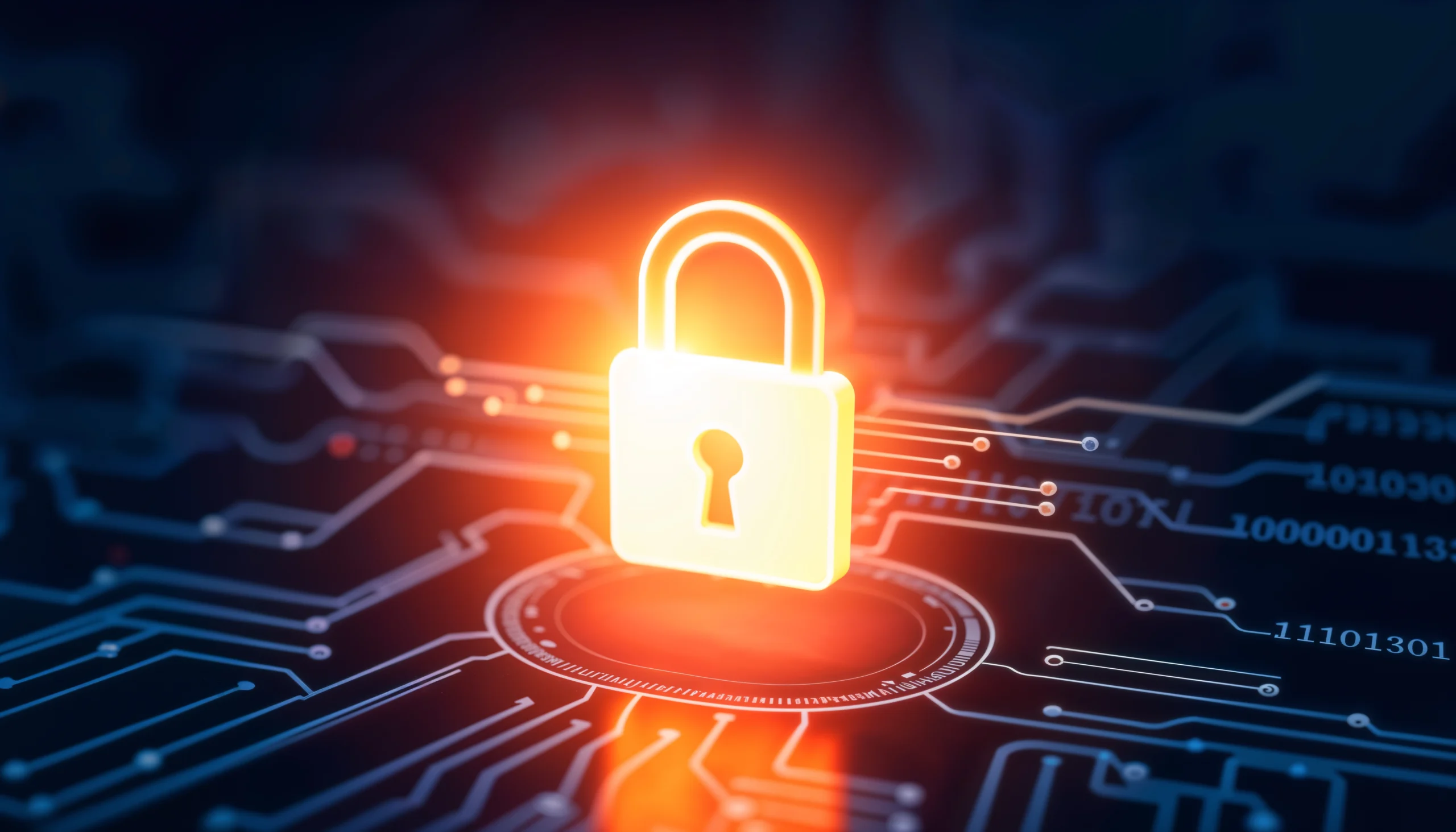 Ilustração de proteção de dados com cadeado digital, representando a política de privacidade e segurança da informação da Datacor.