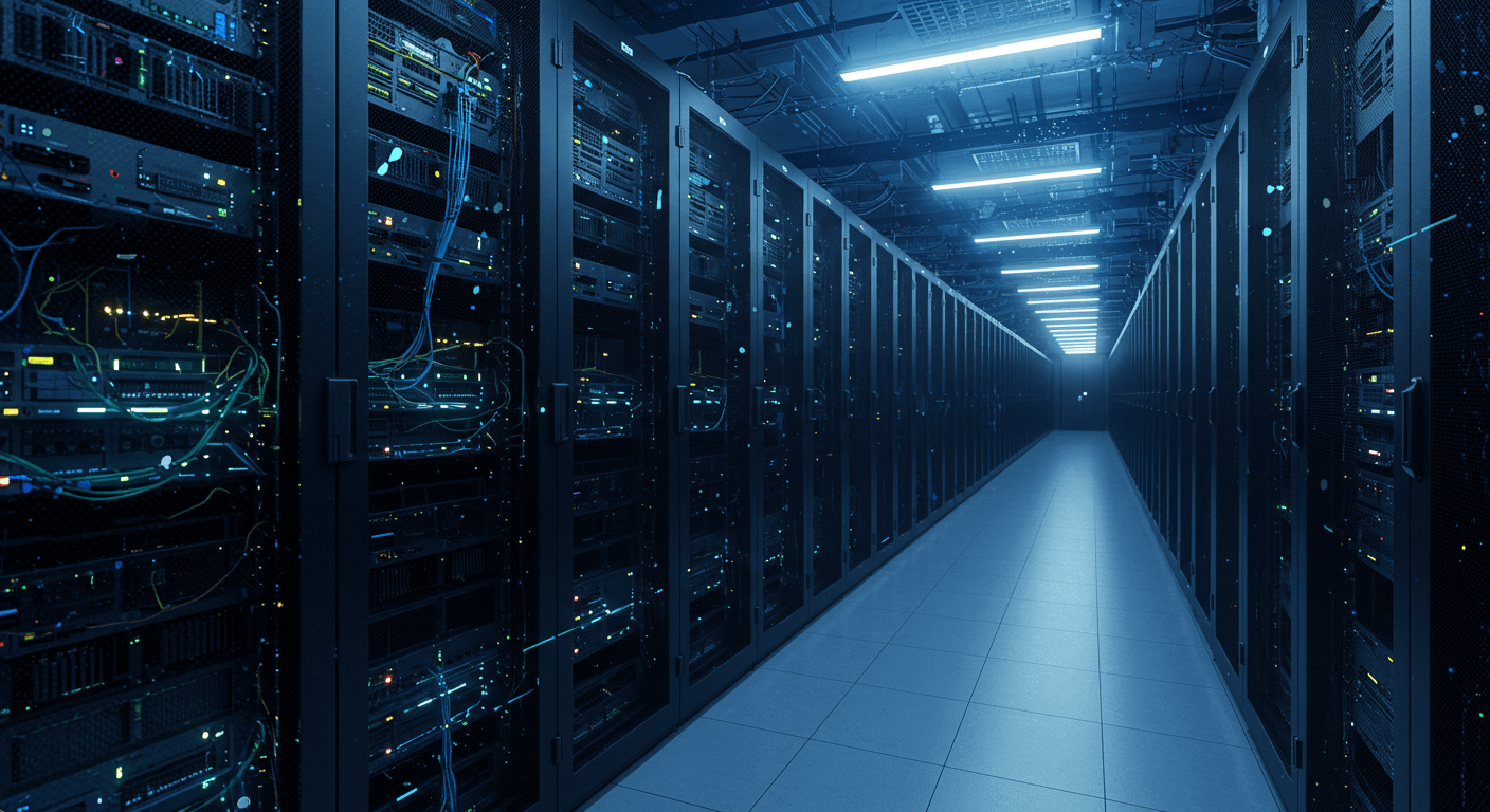 Ilustração de infraestrutura em nuvem com servidores e conexões digitais representando tecnologia corporativa da Datacor