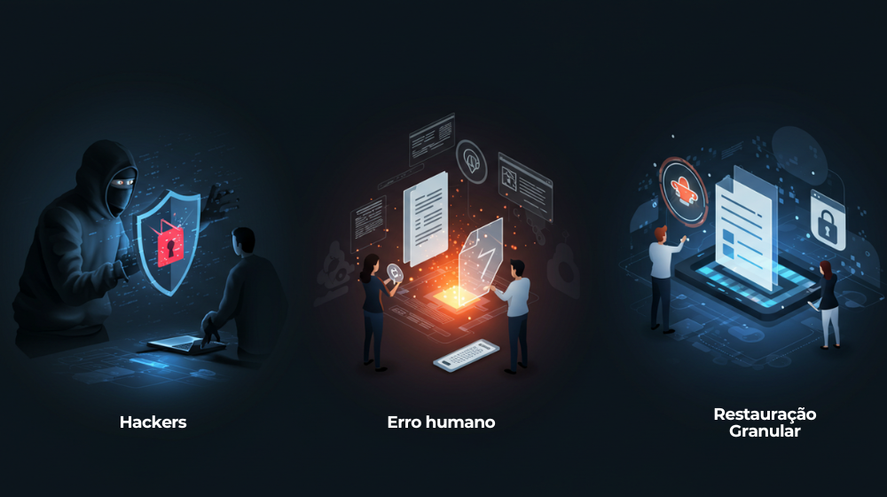 Três ilustrações: hacker invadindo com escudo, pessoa cometendo erro humano com documentos digitais, e restauração granular de arquivos protegidos.