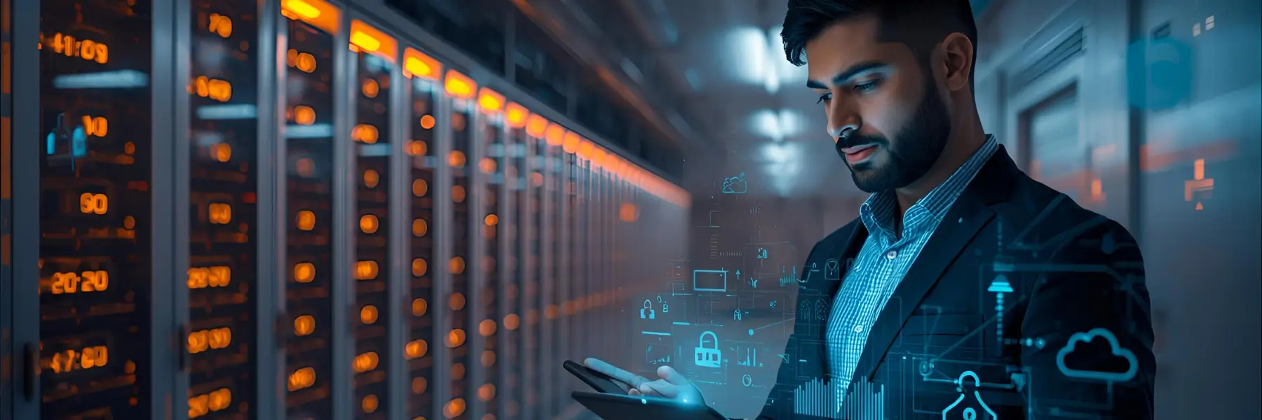 Profissional em data center com tablet e sobreposições gráficas de nuvem, segurança e conectividade — Datacor.