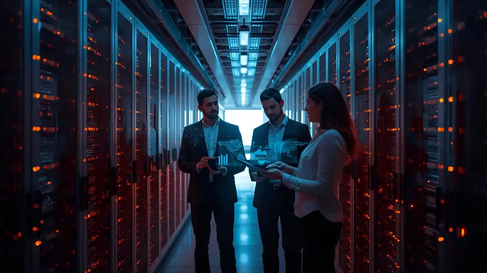 Infraestrutura de Data Center moderna com servidores em nuvem, representando desempenho e segurança corporativa