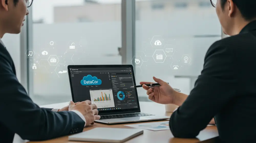 Servidores corporativos conectados em nuvem, simbolizando infraestrutura de TI segura e escalável da Datacor