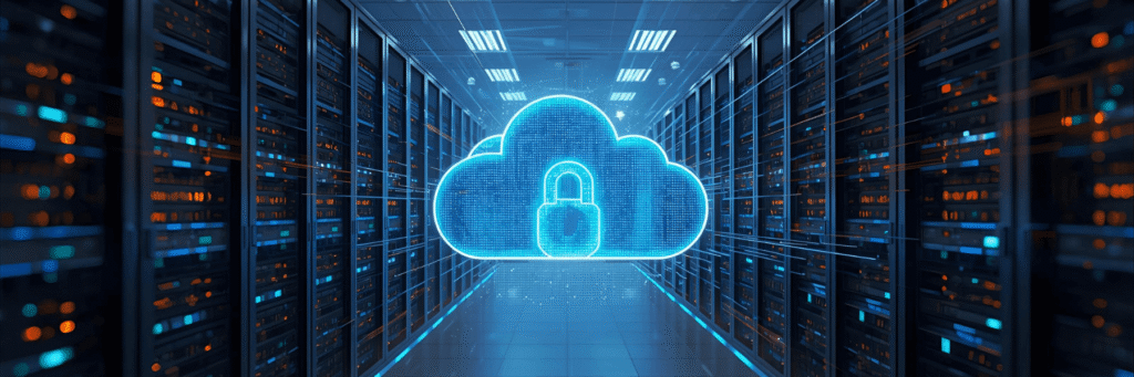 Representação fotorrealista de um data center moderno com servidores conectados a uma nuvem digital protegida, simbolizando o conceito de Disaster Recovery as a Service (DRaaS), segurança e continuidade de negócios.