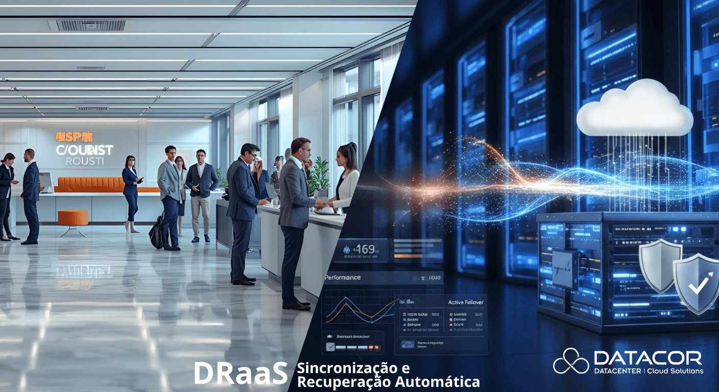 Equipe de TI monitorando recuperação de sistema em data center moderno, representando caso de sucesso do DRaaS com failover ativo e continuidade operacional.