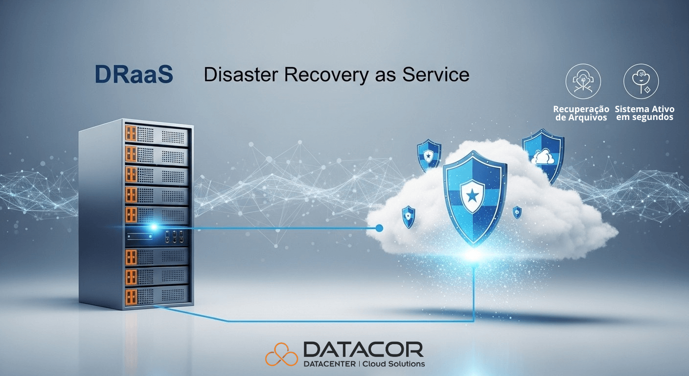 Equipe de TI monitorando recuperação de sistema em data center moderno, representando caso de sucesso do DRaaS com failover ativo e continuidade operacional.