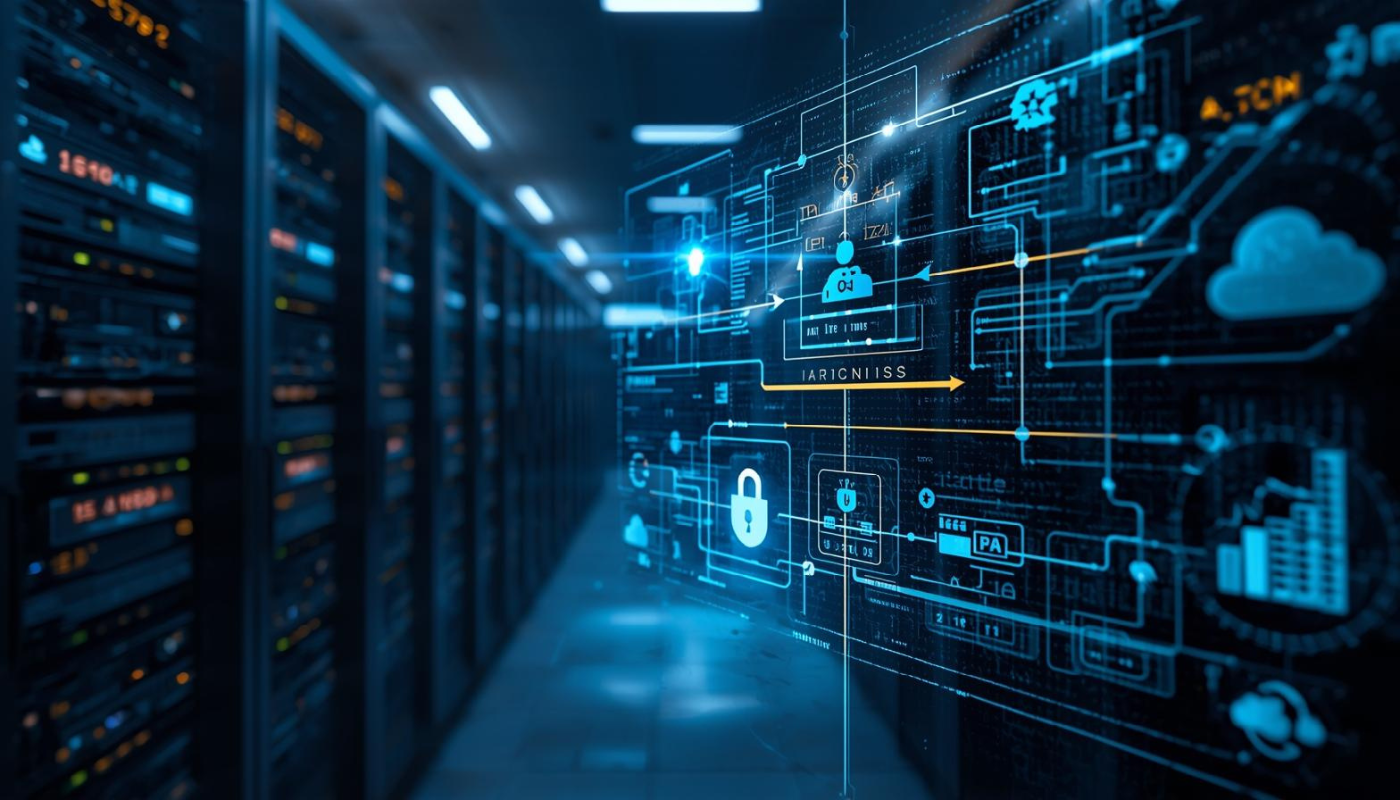 Data center com camadas de segurança digital, proteção de dados e uso de inteligência artificial