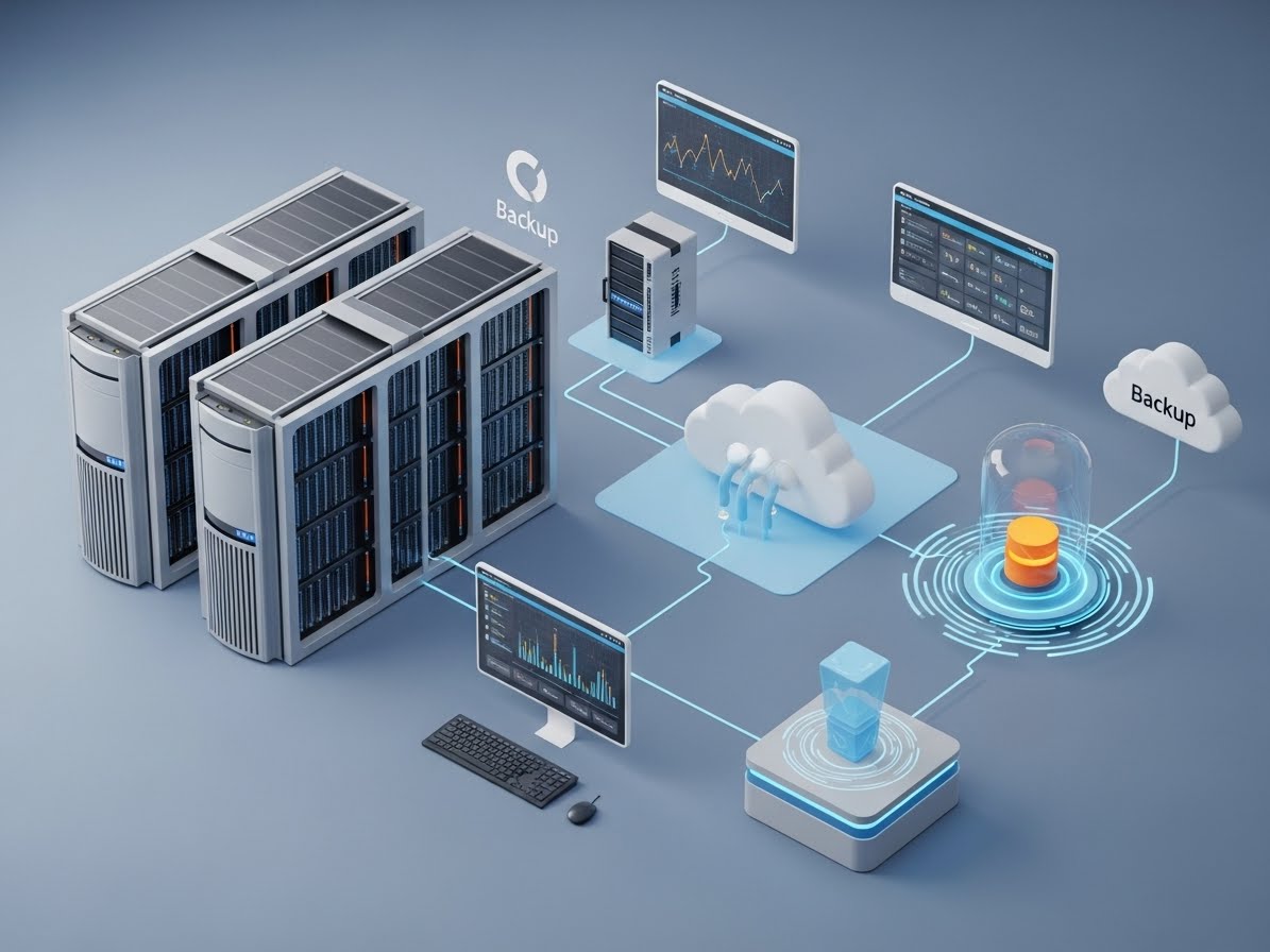 Arquitetura de infraestrutura em nuvem com servidores, backup, monitoramento e integração de sistemas