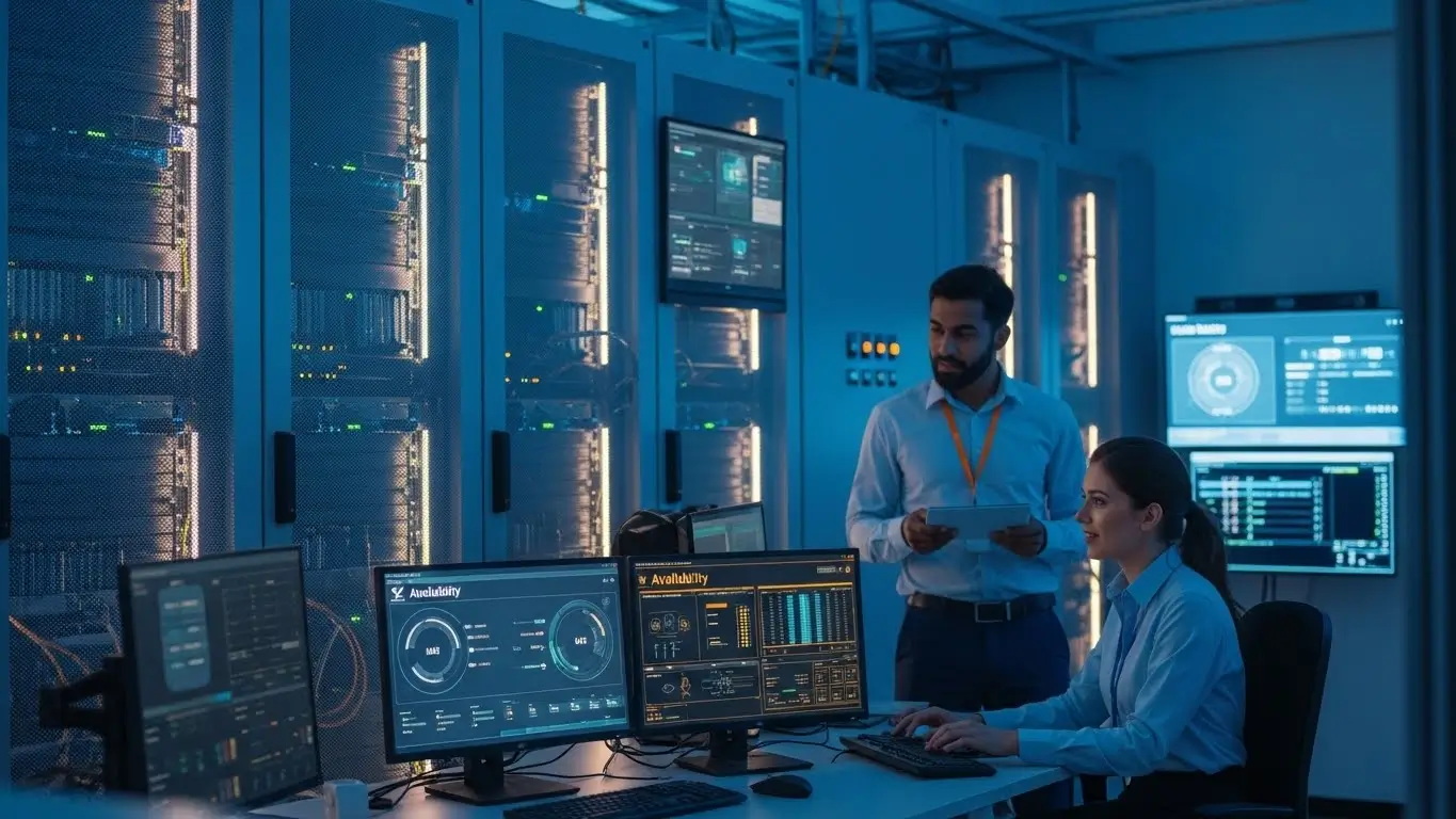 Equipe de TI monitorando infraestrutura de colocation em data center moderno, com servidores, painéis de controle e alta disponibilidade.