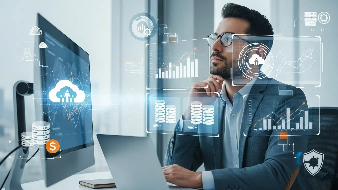 Gestor de TI analisando opções de infraestrutura entre colocation e nuvem gerenciada em ambiente corporativo moderno.
