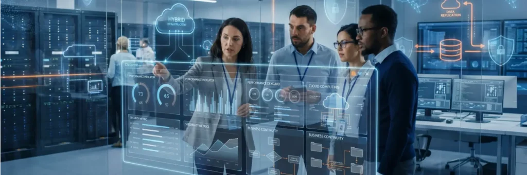 Equipe de TI analisando dashboards de cloud computing, infraestrutura híbrida e continuidade de negócios em data center moderno